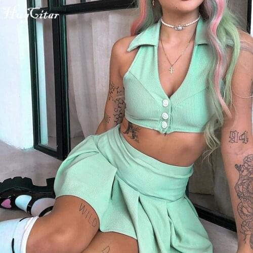 Hugcitar 2021 Sleeveless Solid Tank Ribbed Crop Top Pants 2 Pieces Set Summer Women Fashion Streetwear Outfits Tracksuit