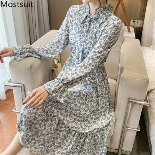 Elegant Printed Women Long Dress Full Sleeve Bow Collar Elastic Waist A-line Dresses Korean Vintage Ladies Vestidos 2021