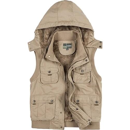 Sleeveless Waistcoat with Many Pockets Fleece Hoodie Multi Pocket Men Vest for Winter Autun Male Thick Warm Parka Travel Khaki