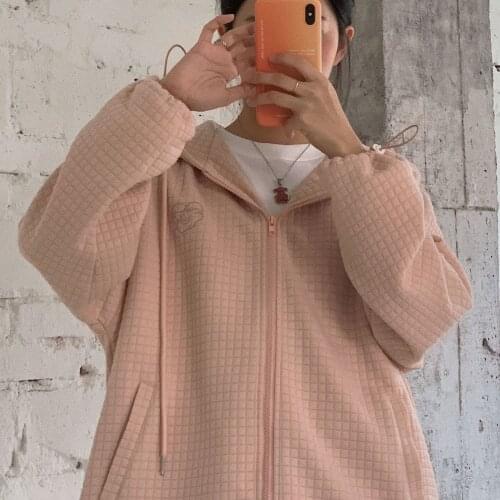 2021 Y2K zip-up hooded Female Sweatshirts women Waffle grid cardigan embroidery loose jacket korean Kawaii Harajuku coats women