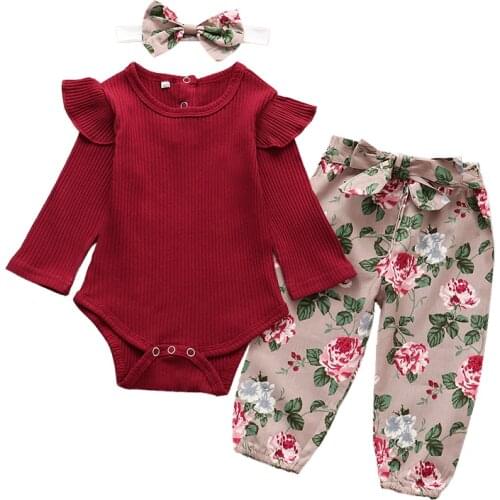 3Pcs Newborn Infant Clothing Cotton Baby Girl Clothes Set Long Sleeve Solid Color Romper Tops Flower Pants Headband Kids Outfits