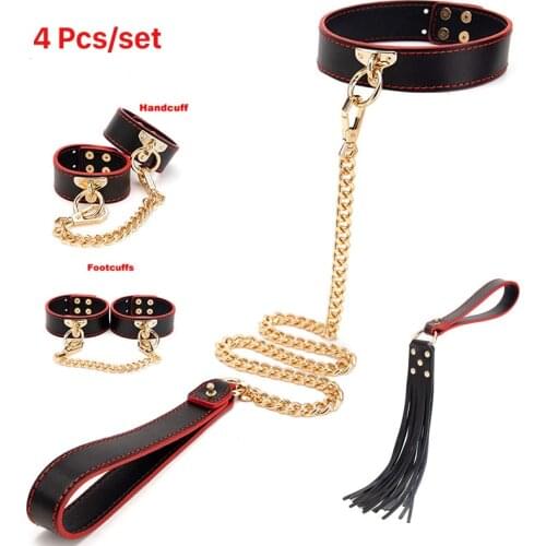 4Pcs/set Exotic Sex Products For Adults Games Leather Bondage BDSM Kits Handcuffs Sex Toys Whip Collar Women Sex Accessories