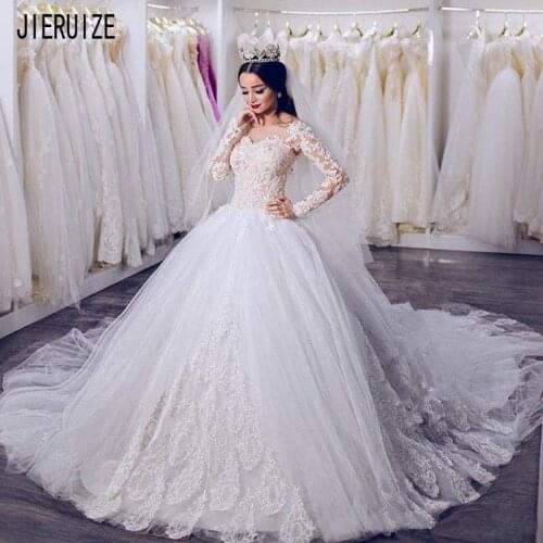 JIERUIZE Modest White Ball Gown Wedding Dresses O Neck Long Sleeves Lace Appliques Dubai Princess Wedding Gowns Bridal Dresses