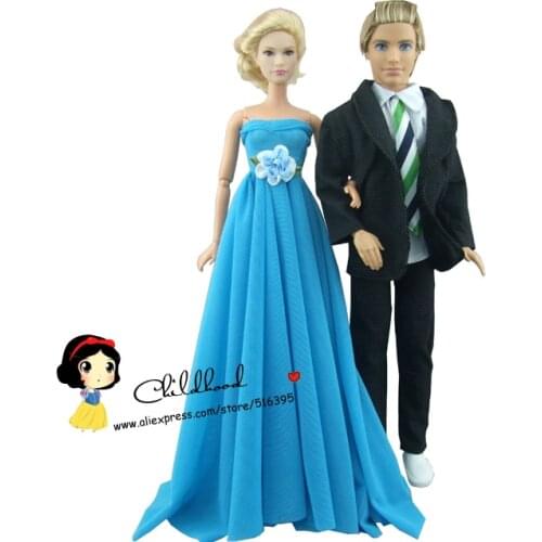 Free shipping 2sets= Blue color evening wedding dress party dress for barbie doll + black suit clothes for ken doll