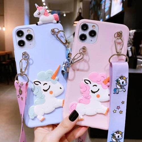 Unicorn Doll Soft TPU Phone Case for Samsung Galaxy A91 A81 A71 A51 A41 A31 A01 J8 J6 J4 Plus J7 Prime J530 J330 With Lanyard
