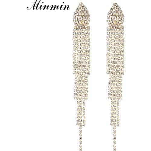 Minmin Top Crystal Gold-color Wholesale Waterdrop Long Tassel Earrings for Women Fashion Accessory EH360