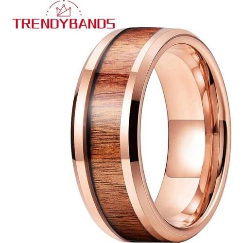 Rose Gold Tungsten Carbide Rings For Men Women Wedding Band 6MM 8MM Koa Wood Inlay Beveled Edges Comfort Fit