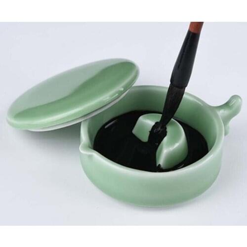 Green Porcelain Ink Box Brush Rest With Lid Calligraphy Painting Sumi-e Tool