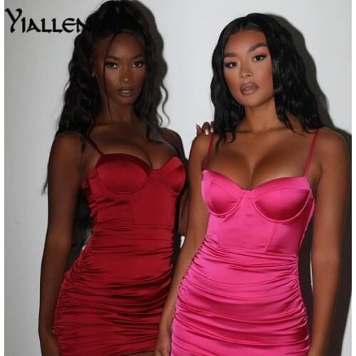 Yiallen Summer New Pleated New Sexy Dress For Women Drawstring Mini Party Dresses Vestidos Backless Night Elegant Bodycon Dress
