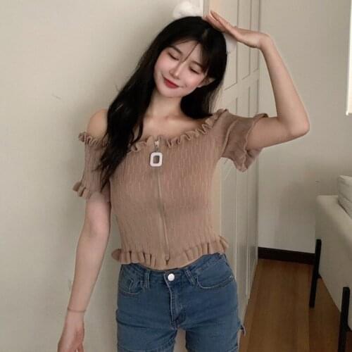 2021 Summer Korean Women Oblique Solid Color Knit Collar Casual Short-Sleeved Shirt Female Cute Sweet Slim Lo Shi Shirt Top