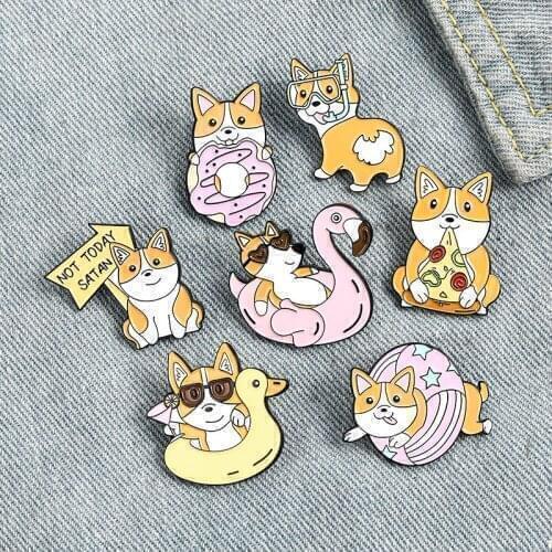 Fashion Korean Cartoon Puppy Pizza Donut Swimming Ring Alloy Drip Brooch Creative Cute Animal Backpack Shirt Badge Accessories