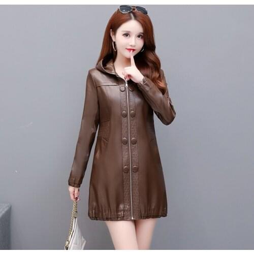 Fashion Large Size 3XL 4XL Womens Leather Jacket Long Coat Female 2021 Spring And Autumn Ladies Clothing Hooded Outerwear New