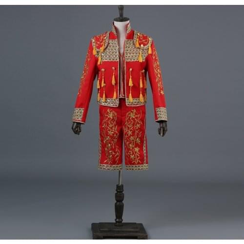 Fashion Suits Men 2019 Long Sleeve Dress Casual Solid Suit Court Performance Matador Clothing Red Blue Fringed Two Piece Set