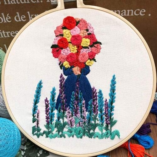 Beginner 3D Handwork Embroidery Kit Needlework Cross Stitch Set Lady Flower Pattern DIY Thread Tools Material Package Hoop