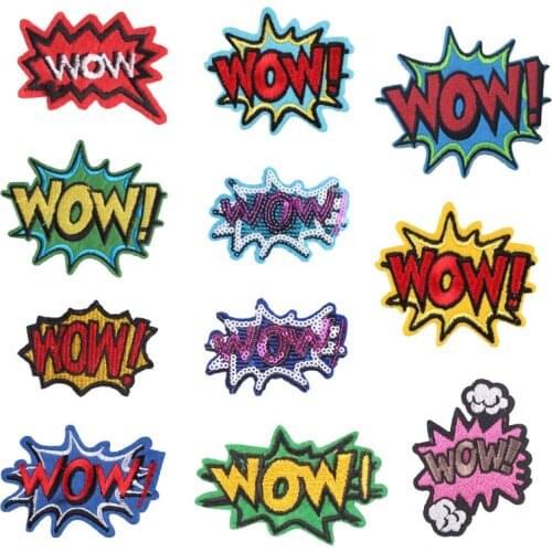 WOW Letter Patches Stickers Iron on Clothes Heat Transfer Applique Embroidered Application Cloth Fabric Sequin Patches applique