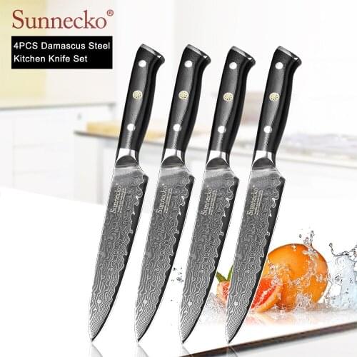 SUNNECKO 4pcs 5" Utility Knife Damascus Cut Sharp Kitchen Knives Japanese VG10 Steel Blade G10 Handle Multipurpose Cutting Tools