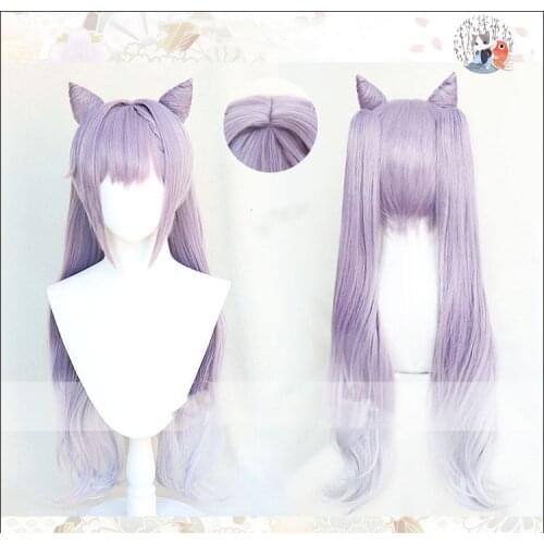 Game Genshin Impact Keqing Cosplay Wig Long Mixed Purple With Chip Ponytails Heat Resistant Synthetic Hair Wig + Wig Cap + Ears