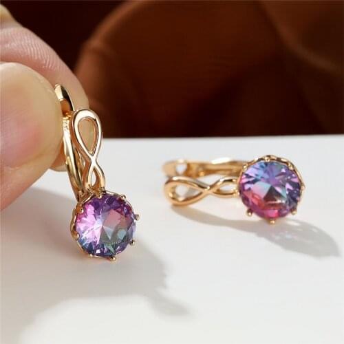 Blue Purple Zircon Round Stone Earrings Fashion Rainbow Crystal Hoop Earrings Vintage Rose Gold Color Wedding Earrings For Women