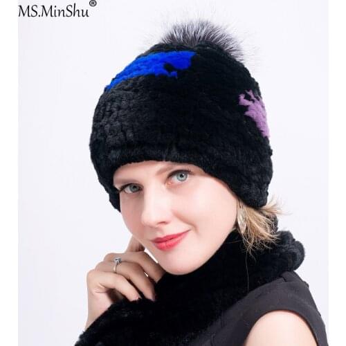 Ms.MinShu Thicken Real Fur Hat Hand knitted Rex Rabbit Fur Hat with Pompoms Elastic Fur Hat for Women Winter Cap Head warmer