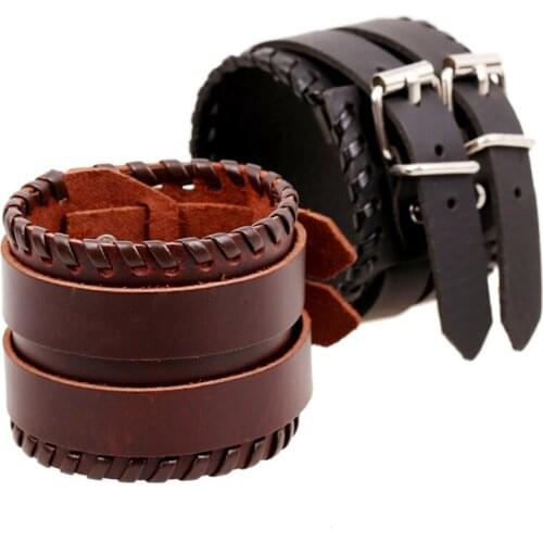 Retro Rock Casual Ethnic Brown Black Wide Wrap Belt Pin Buckle Charm Genuine Men Punk Leather Bracelets Bangle Wholesale Jewelry