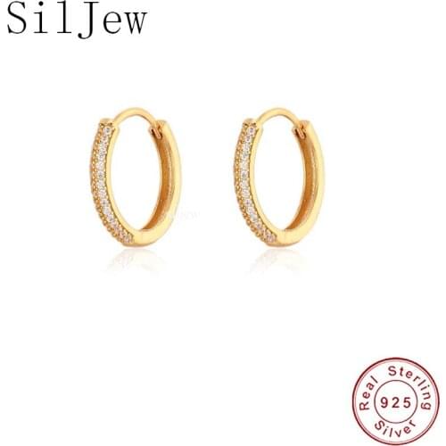 SilJew 925 Sterling Silver 10mm 15.5mm Hoops Two Line Zircon Pave Thick Huggies Women Fashion Jewelry Piercing Pendiente Brincos