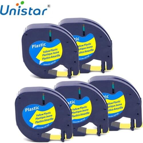Unistar 5pcs 91202 Compatible Dymo LetraTag Plastic Tape 12mm Black on Yellow Label Ribbon for Dymo LT91202 91332 Label Maker