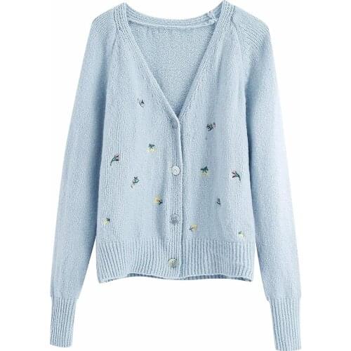 Knitted cardigan womens sweaters coat early autumn new fashion solid color flower embroidery v-neck sweater loose coat