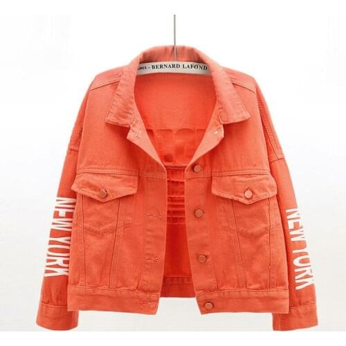 2021 Letter Print Loose Casual Top Grass-green Orange Short Denim Jacket Women Spring Autumn Cotton Student Jeans Outwear