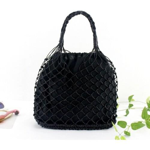 2019 New Hollow Out Beach Bag Straw Knitting Net Handbags Summer Holiday Tote Bag Solid Color Drawstring Bucket Bag for Women
