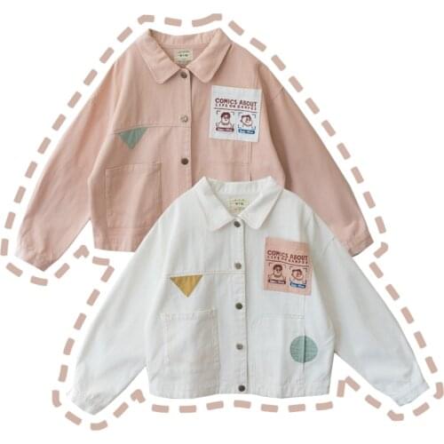 2019 Cute Comic Womens Autumn Spring Thin Jacket Long Sleeve Pockets Japan Style Outwear White & Pink