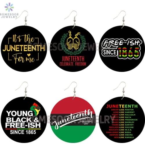 SOMESOOR Celebrate Freedom Juneteenth Printed Women Wooden Drop Earrings Young Black Free-Ish Since 1865 Inspired Dangle Jewelry