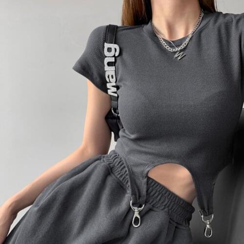WOMENGAGA Fashion Women Sexy Hook Hollow Out Navel Tops 2021 Summer Cool Girl High Waist Round Neck Short Sleeve T-shirt C64S