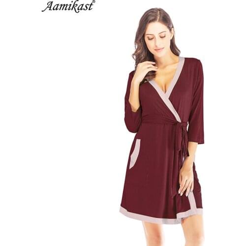 Aamikast Womens RobeH 3/4 Sleeve Solid Loose V Neck Patchwork Self Belt Bathrobe Night Sexy Robes Night Grow Kimono Robe Pajama