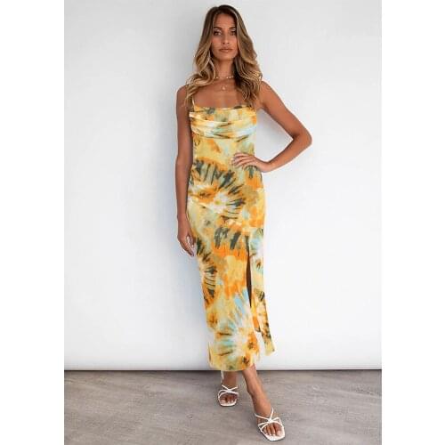 Puloru Summer Women Suspender Midi Slit Dress Office Lady Elegant Sleeveless Spaghetti Strap Wrap Sundress Backless Flare A-Line