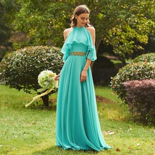 Tanpell halter a line bridesmaid dress lake green sleeveless floor length gown women wedding plus customed bridesmaid dresses
