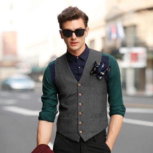New Mens Suit Vest V Neck Wool Herringbone Tweed Casual Waistcoat Formal Business Vest Groomman For Green/Black/Brown/Coffee