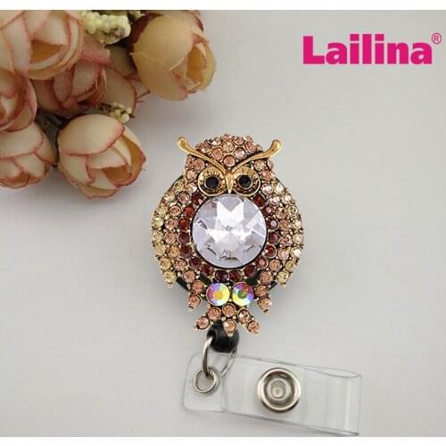 10pcs New Antique Gold Tone Puffy Owl Bird Animal Badge Holder Crystal Rhinestone Clear Body Retractable Name Card Holder Clips