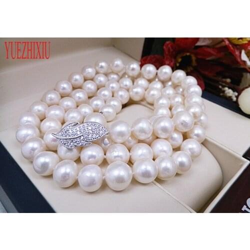 100% natural 9-10mm freshwater pearl sweater chain micro inlay zircon Leaves long necklace 32inch jewelry