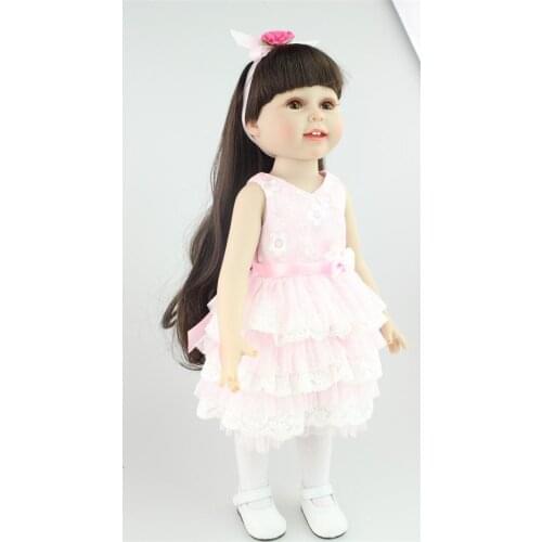 18 inch AMERICAN PRINCESS Full Vinyl Girl dolls Dressup Girls doll brown long hair pink dress bonecos colecionaveis