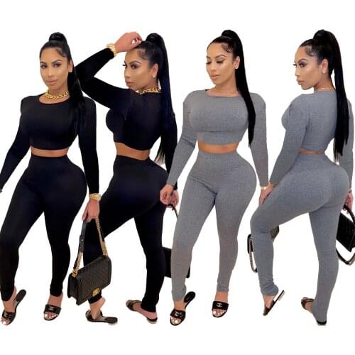 33CY1251 Autumn Winter Women Casual Fashion Sports Skinny Solid Navel Two Piece Set Top and Pants Tracksuit Sweatsuit Outfits