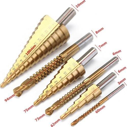6Pcs/set 60/62/73/75/94/100mm HSS Straight Groove Step Drill Bit Titanium Coated Wood Metal Hole Cutter Core Drilling Tools Set