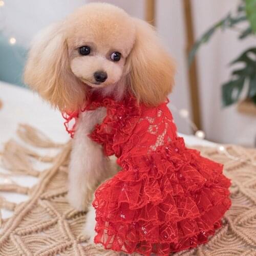 Free Shipping Handmade Dog Clothes Dog Dress Red Lace Hollow Pattern Pet Tutu Vest Cats Outfit Poodle Maltese Yorkie