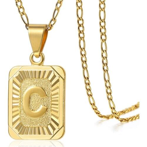 Initial Letter Square Pendant Necklace For Men Women Gold Filled 2mm Stainless Steel Chain Figaro Gift 18inch Adjustable GPM05B1
