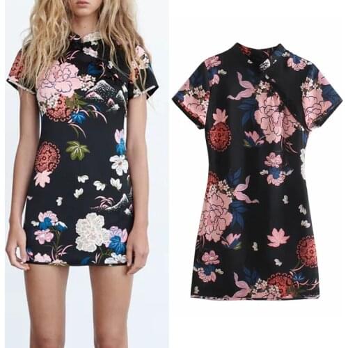 TRAF Za Black Satin Dress Woman Floral Short Summer Dresses 2021 Short Sleeve Mini Women Dresses Chinese Style Vintage Dress