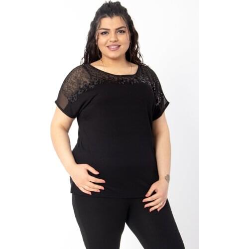 Hanezza Large Size Front Tulle Sequins Detail Blouse