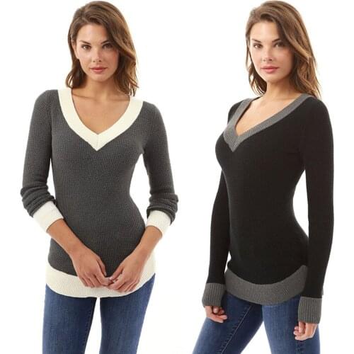 Solid Color Long-sleeved Fashion Casual Stitching Contrast Color Womens Top Slim Wild Sexy V-neck Simple Temperament T-shirt