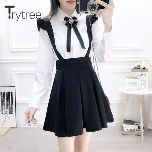 Trytree 2020 Spring Autumn Women Two Piece Set Casual Turn-down Collar Bow Tops + Pleated Strap Skirt Solid Mini 2 Piece Set