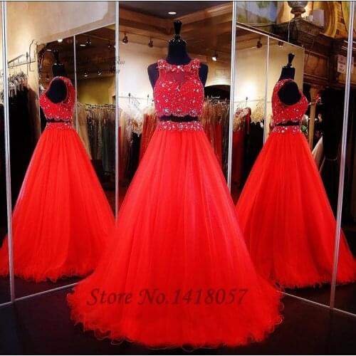 Red 2 Piece Prom Dresses 2016 Lace Formal Evening Dress Gowns Long Beads Vestido de Festa Longo Vermelho Dress for Graduation