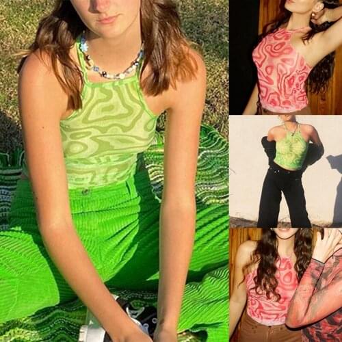 Hot kf-Womens Summer Casual Mesh Print Vest Fashion Cute Halter Hanging Neck Sleeveless Ruffled Female Crop Tops