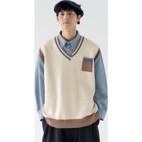 M53 England Style Mens Knitting Vest Wool Vintage Contrast Color Patchwork Boyfriend Couple Soft Sleeveless Sweater Waistcoat